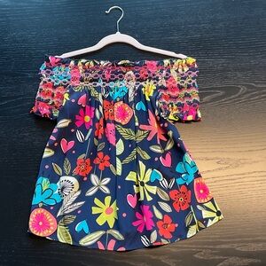 Trina Turk Navy Floral Off-Shoulder Smocked Top with Pink Accents